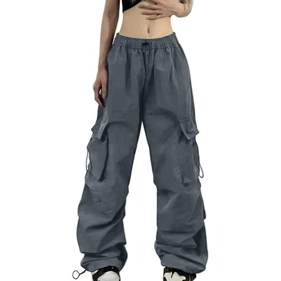 Fgnfyis Women's Summer Cargo Parachute Pants Loose Fit Pocket Street Style Street Style Parachute Pants for Women Grey XL