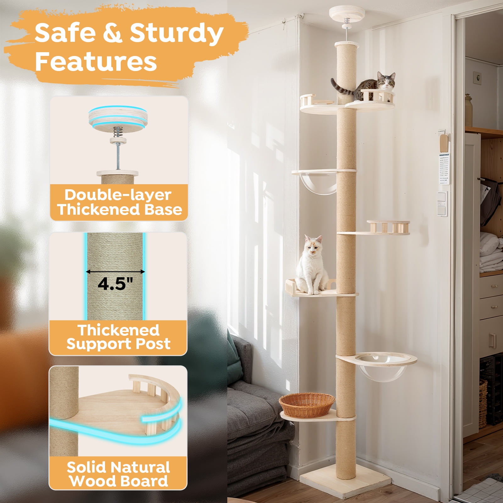 Veehoo Floor to Ceiling Cat Tree Height 106-123 Inch Adjustable with 4.3" Thickened Scratching Posts