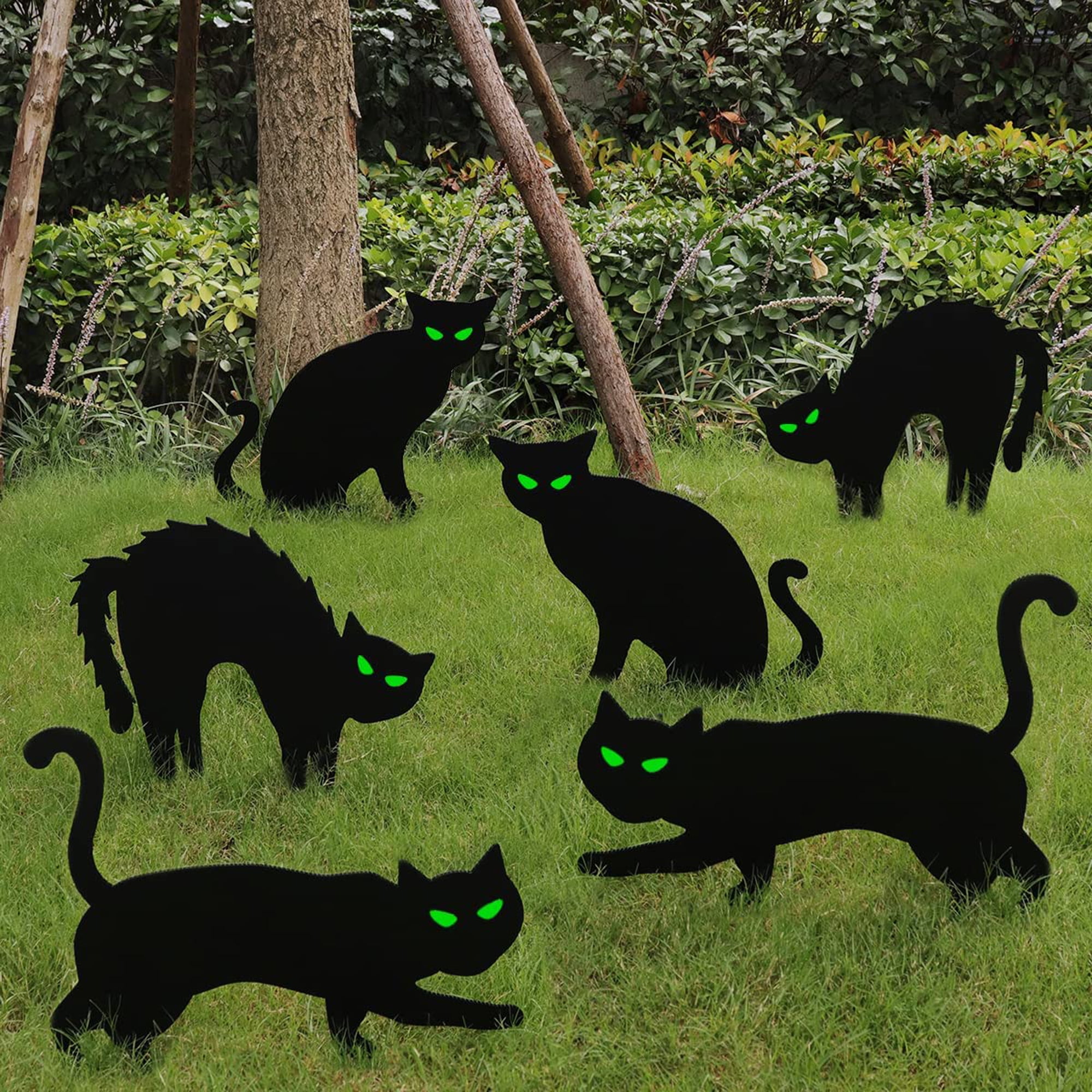 TOPGOD 7Packs Black Cat Yard Signs Outdoor Cat Stakes with Fluorescent