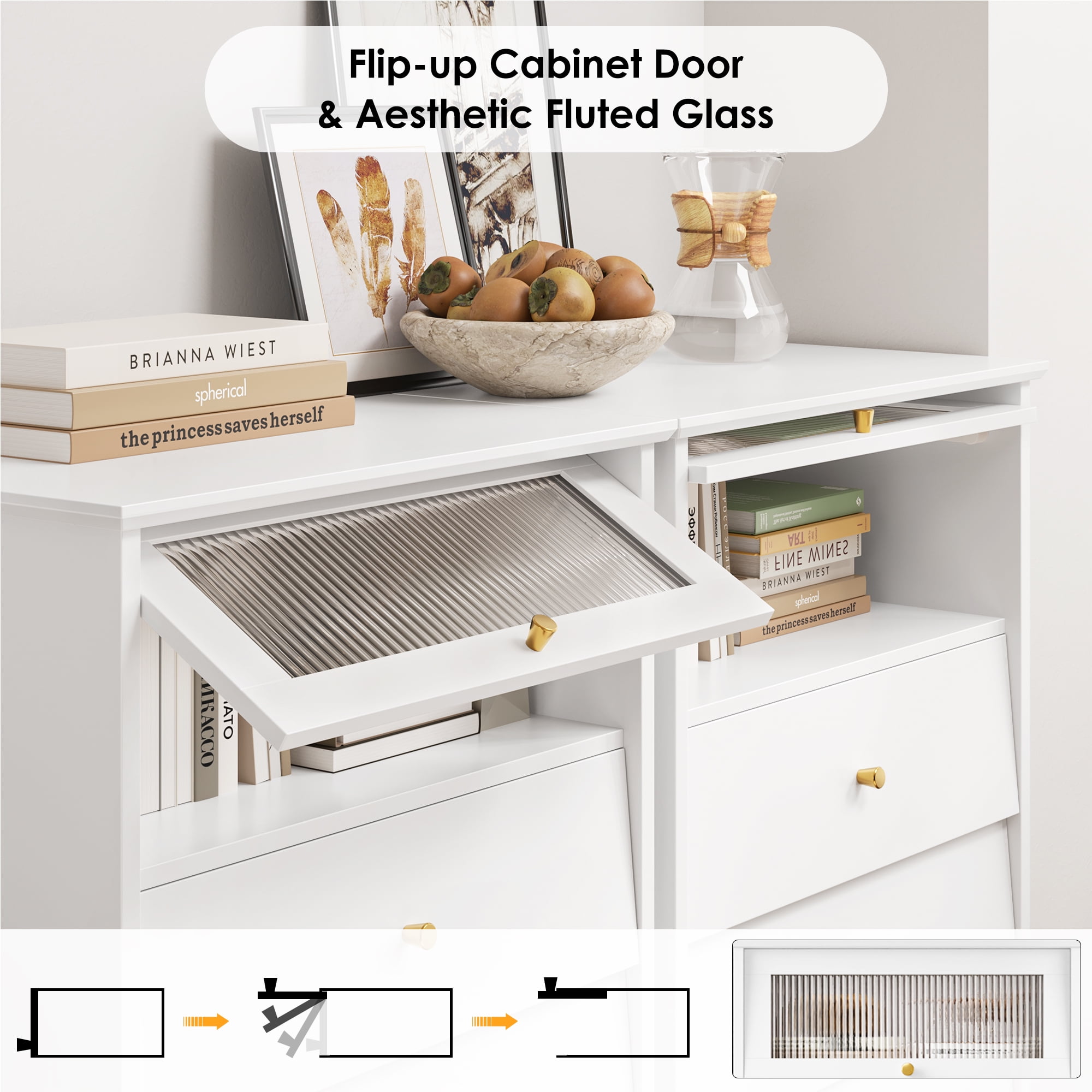 Homfa 6 Drawer Vertical White Dresser for Bedroom Glass Door Modern Wood Storage Cabinet with Metal Knobs for Living Room
