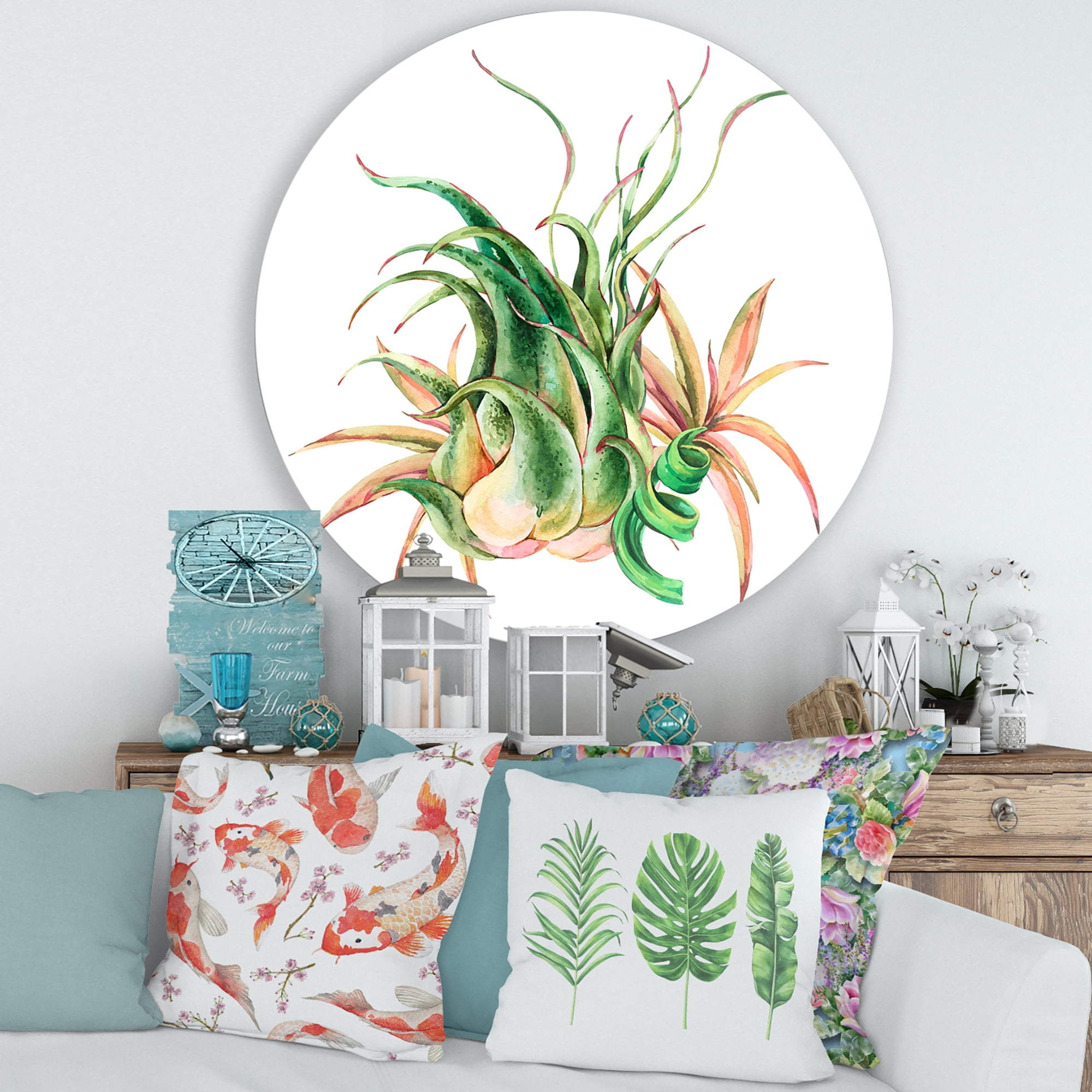 Designart 'Tropical Leaves Air Plant Succulent On White' Farmhouse Circle Metal Wall Art 36x36 - Disc of 36