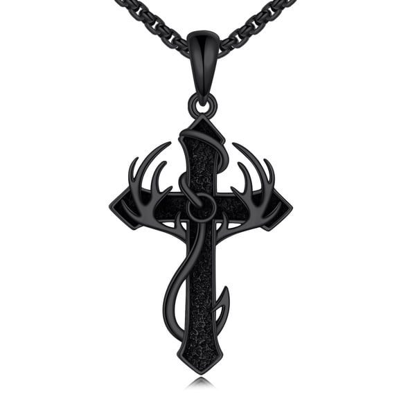 Fish Hook Cross Necklace for Men 925 Sterling Silver Black Cross Pendant Necklaces Antlers Hunting Jewelry Gifts for Women Men