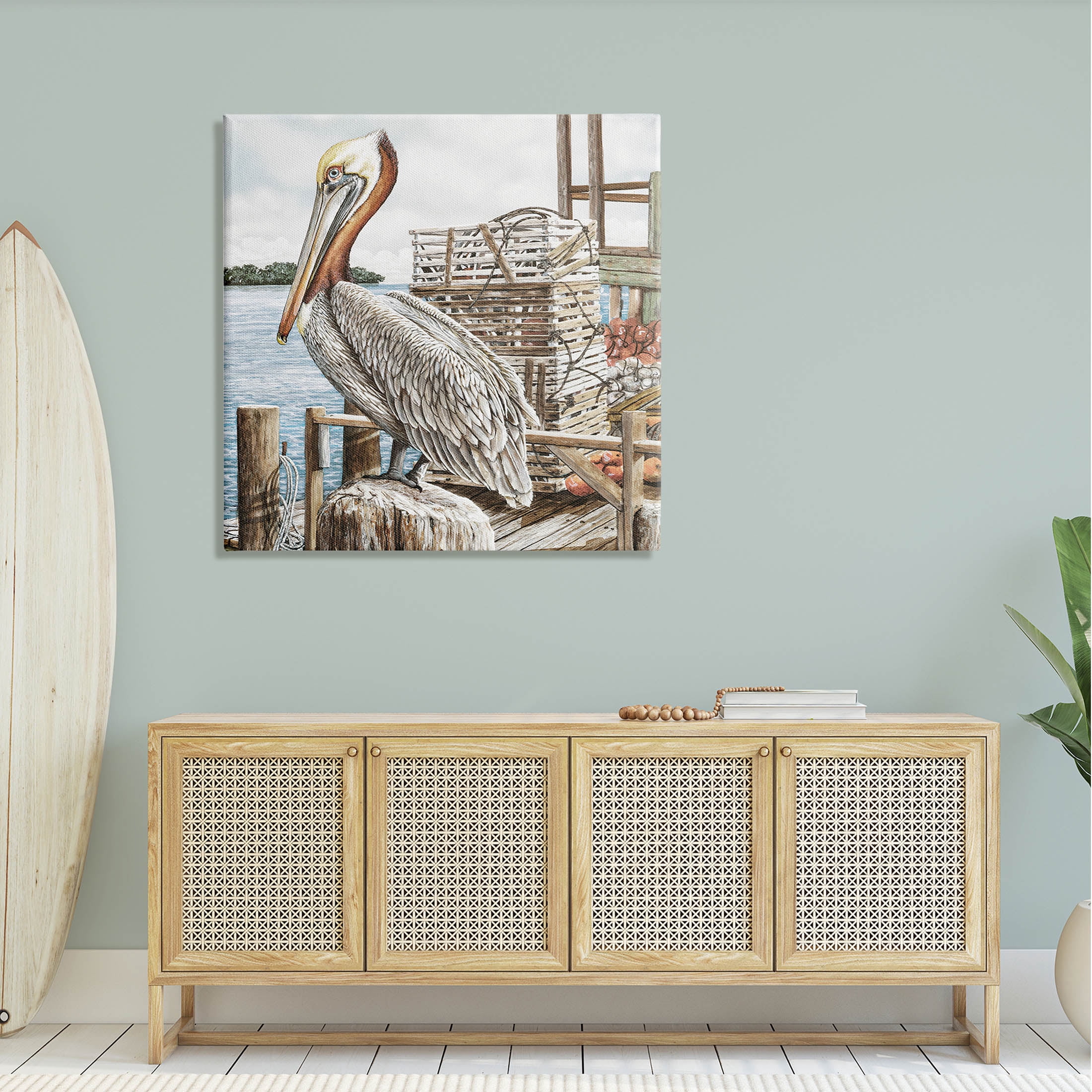 Pelican Perched Summer Fishing Dock Animals & Insects Painting Gallery Wrapped Canvas Print Wall Art