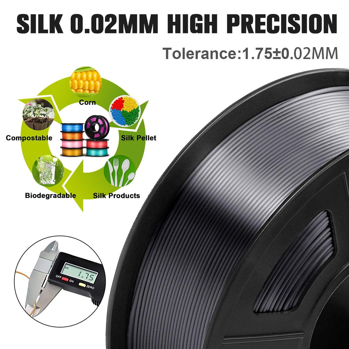 SUNLU Silk PLA Filament 1.75mm, Neatly Wound Shiny PLA 3D Printer Filament, Dimensional Accuracy +/- 0.02mm, Fit Most FDM 3D Printers, Good Vacuum Packaging, 330 Meters, Silky Black 3KG