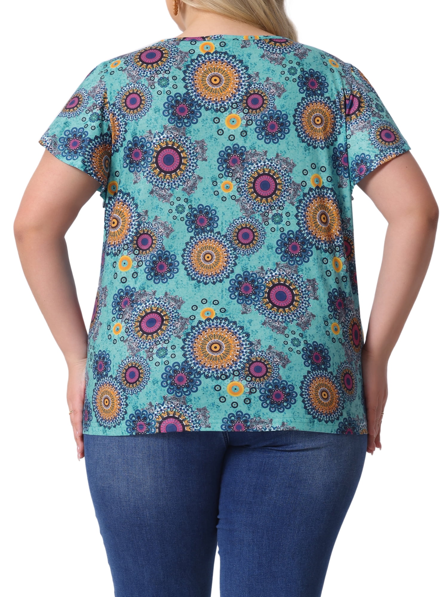 DARING DIVA Women's Plus Ruffle Boho Floral T Shirt 2X Blue Orange Circle