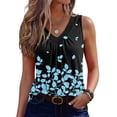 thumbnail image 2 of Women's Tank Tops Summer Sleeveless V Neck Floral Print Pleated Front Casual Loose Tunic Blouse Blue 2XL, 2 of 5