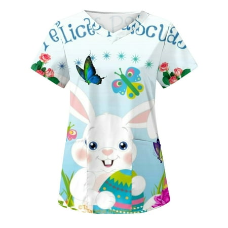 

Easter Scrub Tops Women Rabbit Egg Hunt Print Scrub Tops Nurse Uniform V-Neck Summer Holiday Workwear