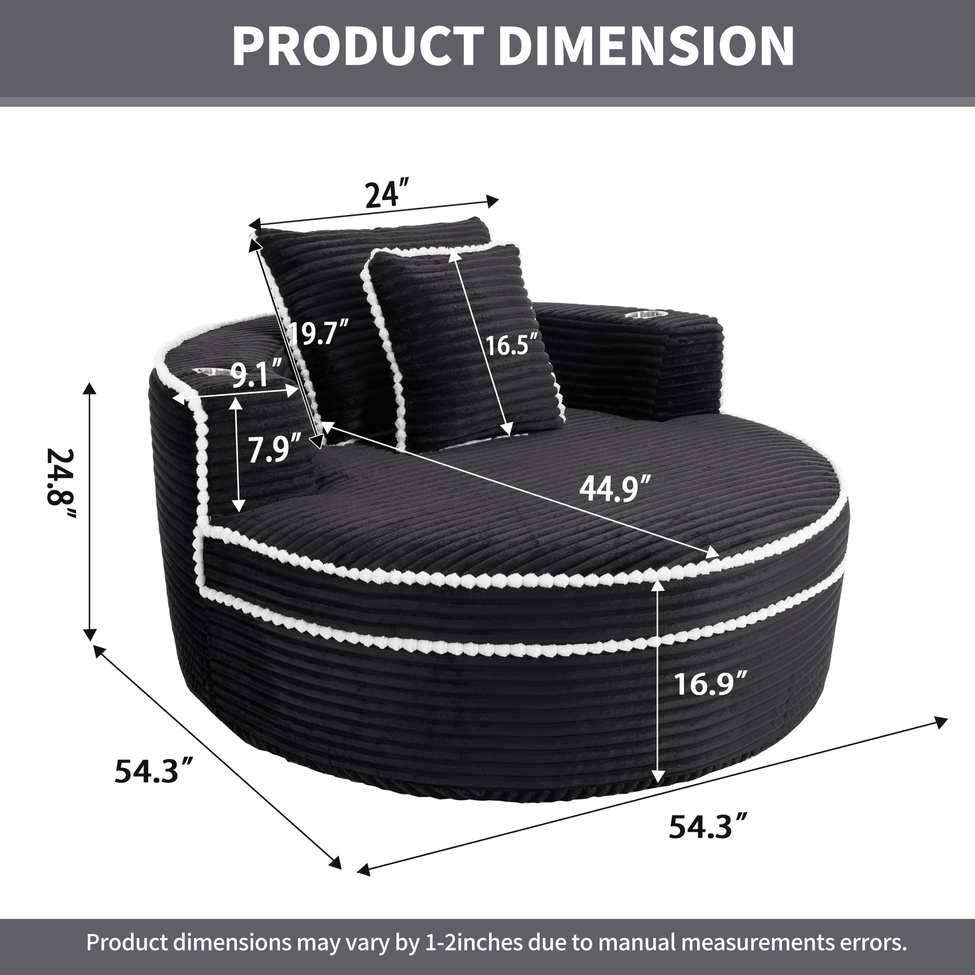 Round Sofa Bed with Memory Foam Sectional Couches for Living Room, Cloud Couch with Two Pillows, Black