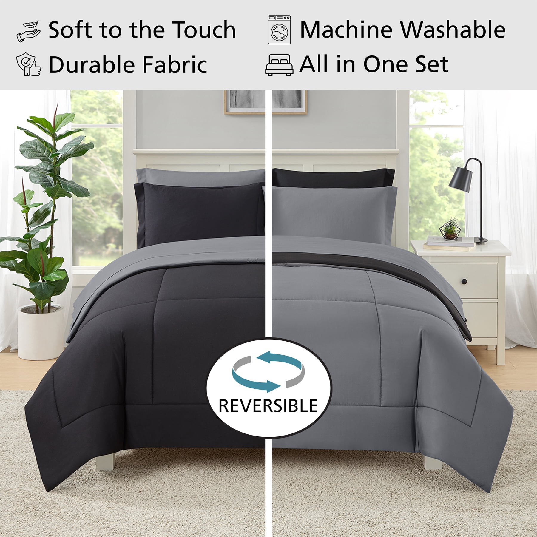 Mainstays All in One Reversible Comforter and Sheet set- 7 Piece, Full, Black