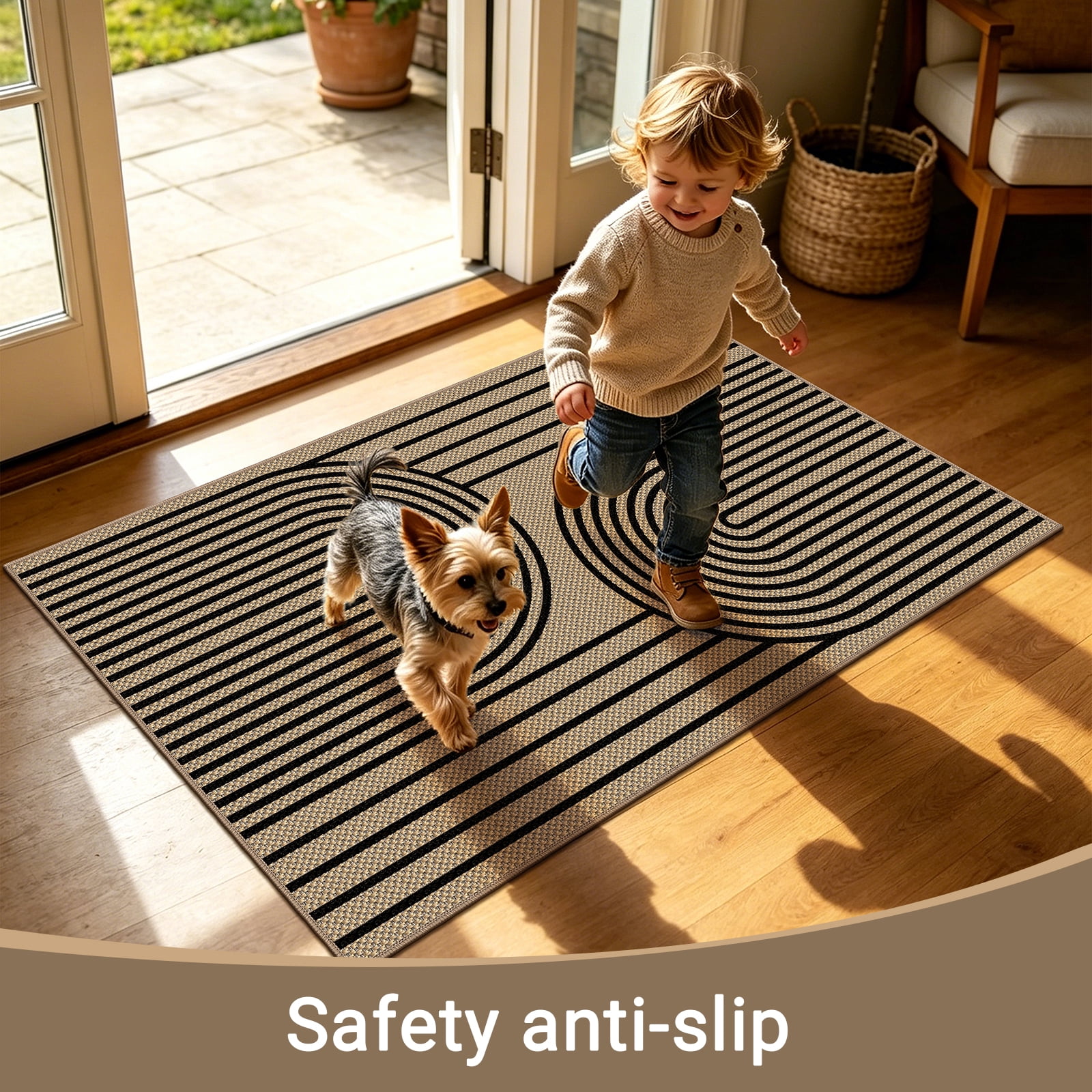 ORGOWEL Doormat Washable Easy Jute Rugs Boho Indoor Outdoor Rug 3*5ft Entryway Rugs Non-Slip Low Pile Black Door Mat Carpet for Living Room Kitchen Entry Patio Deck