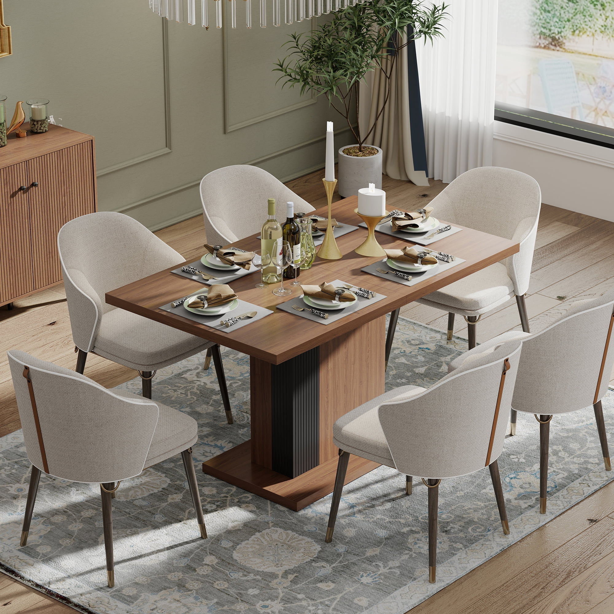 Manora 55.2'' Rectangular Dining Table for 4 People, Wood Farmhouse Dinner Table for Kitchen, Dining Room, Walnut & Black