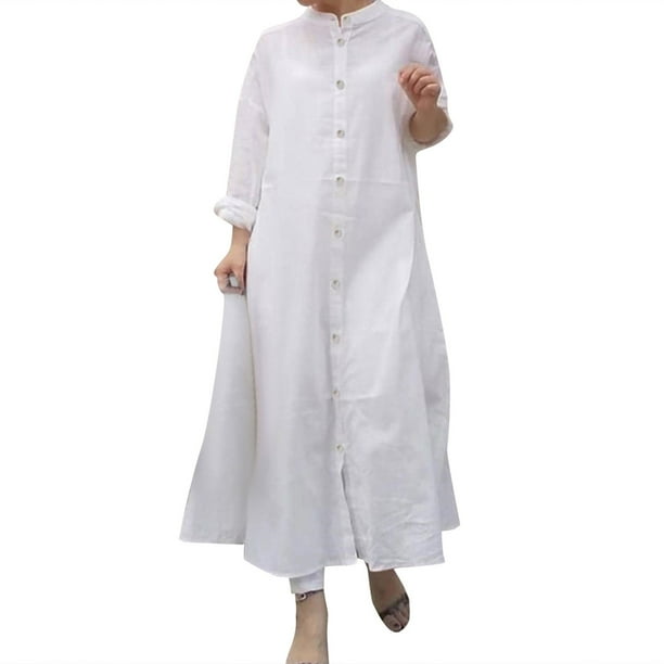 Gibobby Vestido de verano casual para mujer Cárdigan de manga larga con cuello levantado para mujer, temperamento de viaje de algodón, Color liso, falda, camis(Blanco,M)
