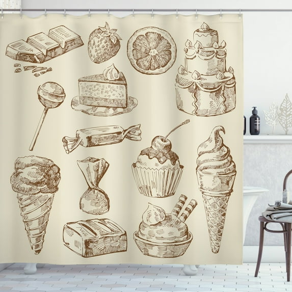 Cookie Shower Curtain, Chocolate Crumbs Lollipops Pieces of Cake Birthday Ice Cream Cone Sketch, Fabric Bathroom Set with Hooks, 69"W X 84"L Extra Long, Eggshell and Umber, by Ambesonne