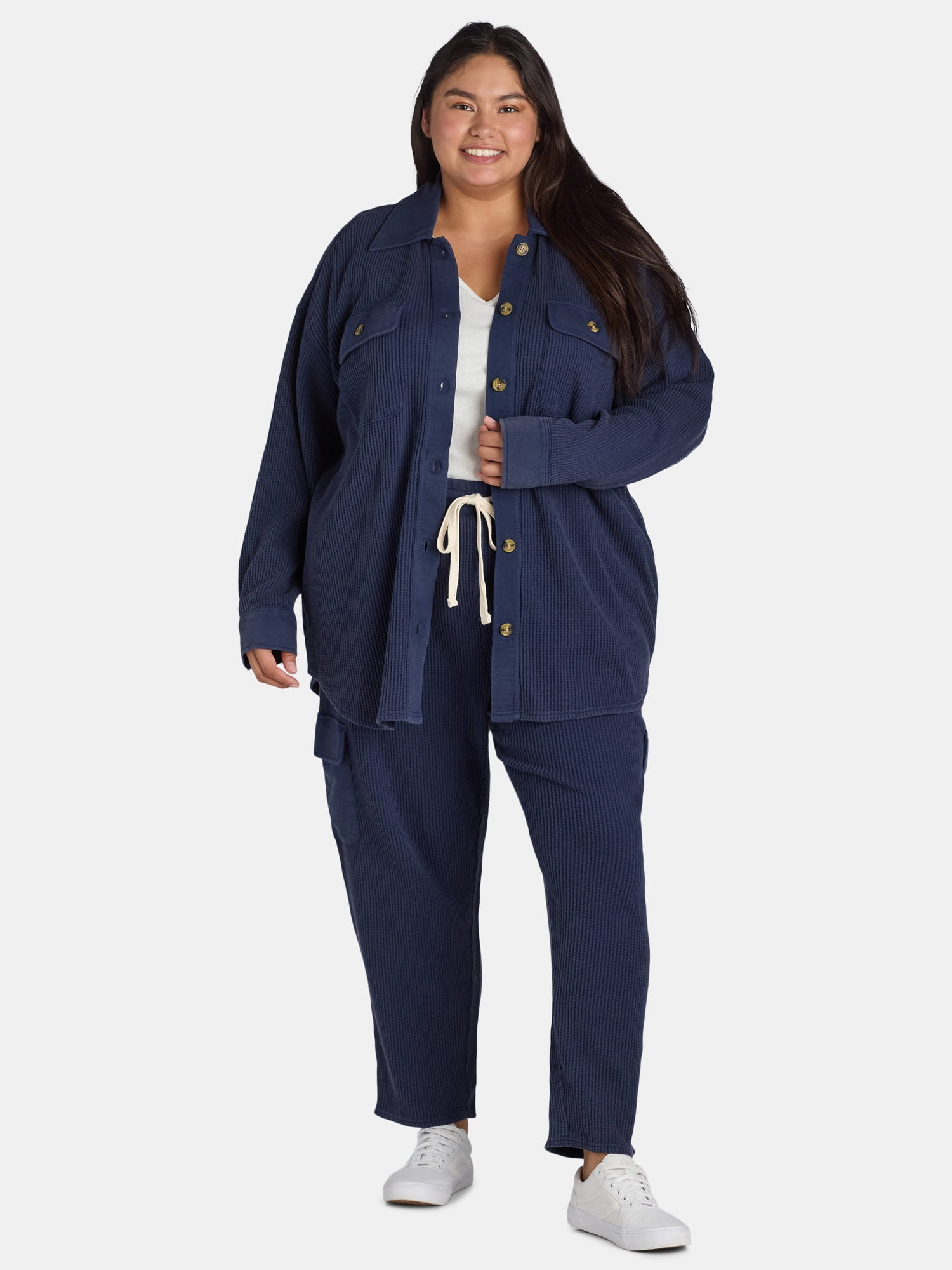 Terra & Sky Women's Plus Size Button Down Waffle Knit Shacket, 0X-4X