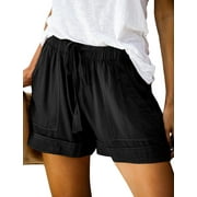 TWZH Women High Waist Elastic Lace-up Wide-leg Shorts with Pockets