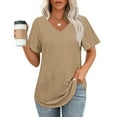 thumbnail image 2 of YUGYXL Women's Shirts Short Sleeve Hollow Out Tshirts for Women Dressy V Neck Breathable Blouses Ladies Comfy Tops Holiday Tees Khaki XXL, 2 of 6