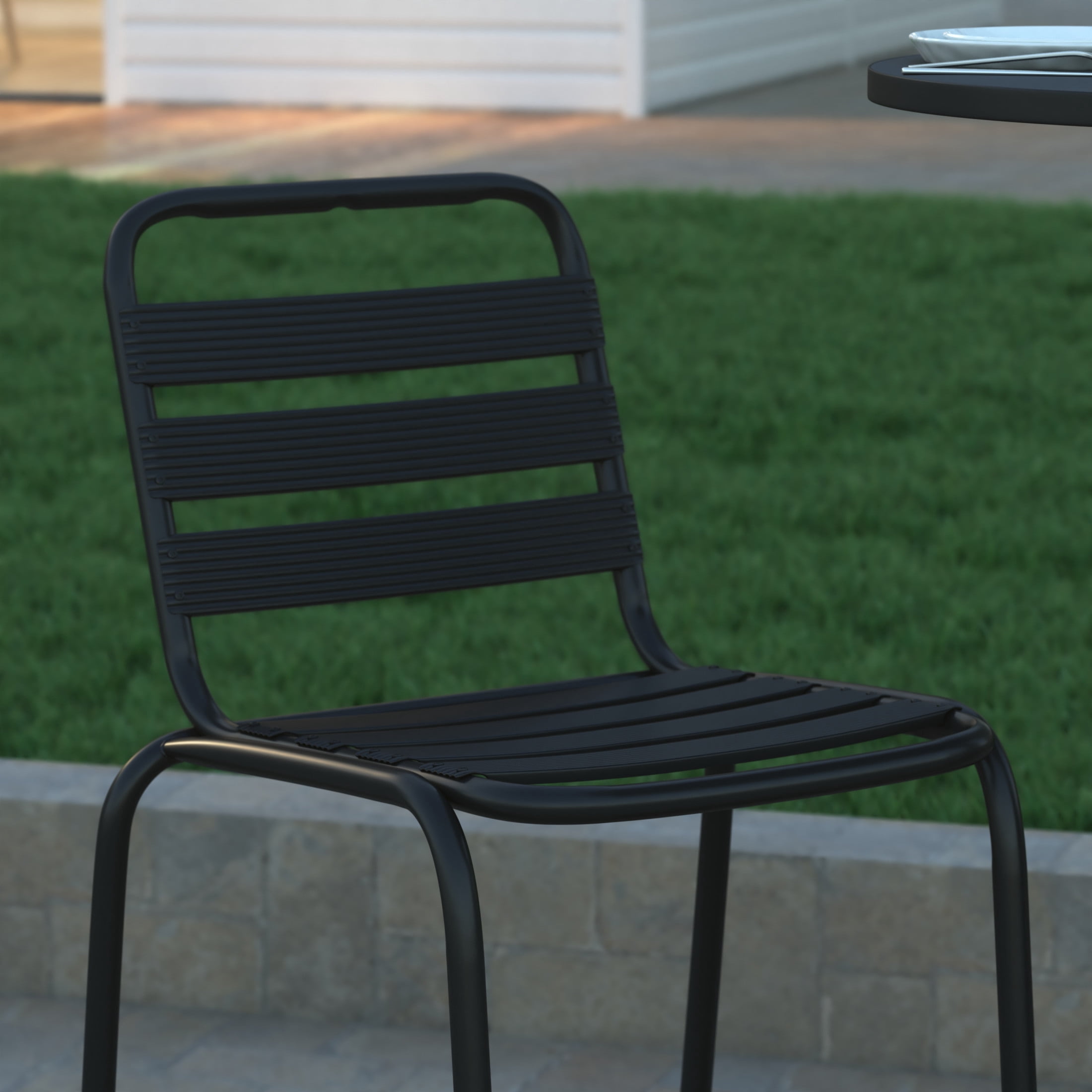 Emma + Oliver Black Metal Bar Height Stool with Triple Slatted Back for Indoor and Outdoor Use