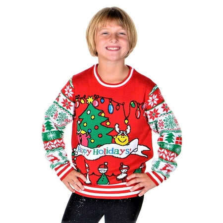 Pullover Christmas Sweaters SoCal Look Girls Ugly Christmas Sweater Happy Holidays Pullover Red ()