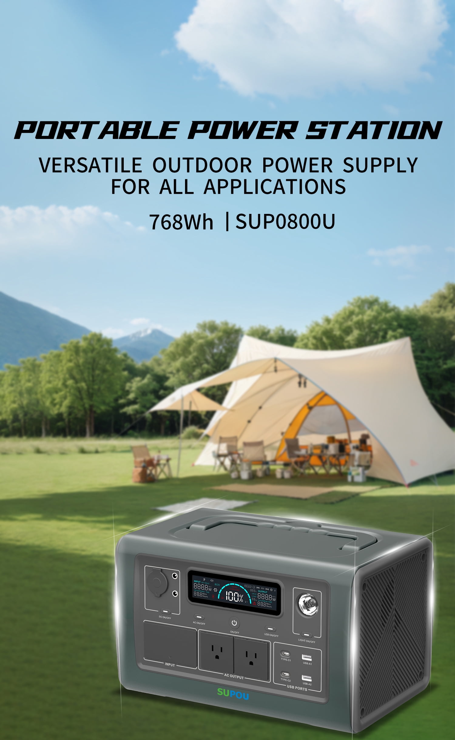 SUPOU SUP0800U 800W(Peak 1600W) Portable Power Station, 768Wh LiFePO4 battery, 120Vac, 6.7A,50/60Hz, Portable Generators for Home Use, Outdoor Car Camping, Emergency