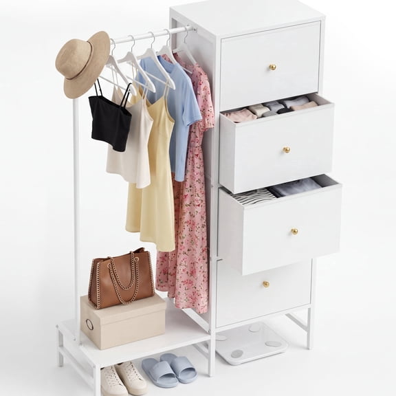Dresser with Hanging Rack, 4 Drawers Small Closet for Bedroom, Reversible Fabric Kids Chest of Drawers with Clothes Rack, Tall Storage Tower, Sturdy Frame