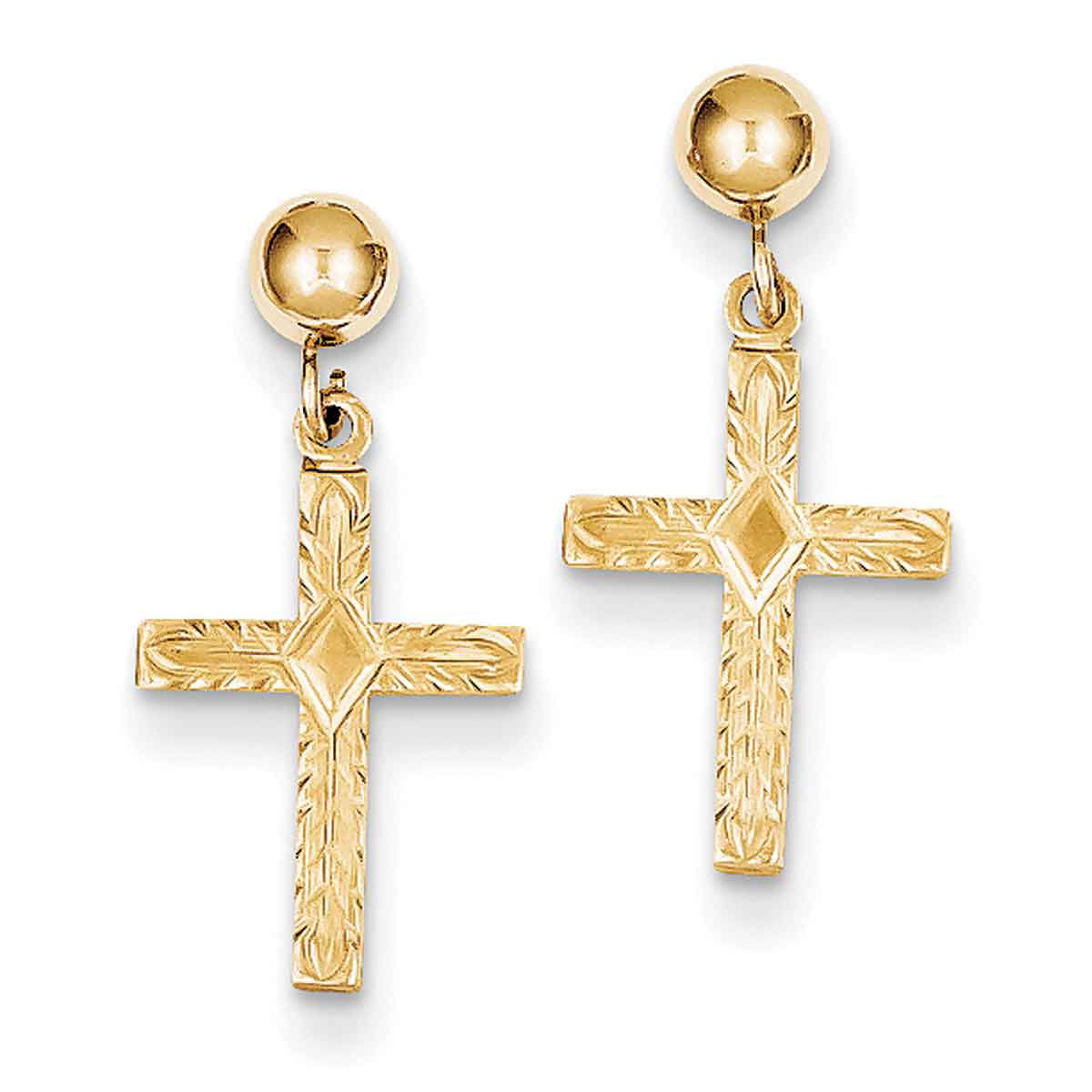 14k Yellow Gold Textured Cross Stud Earrings 