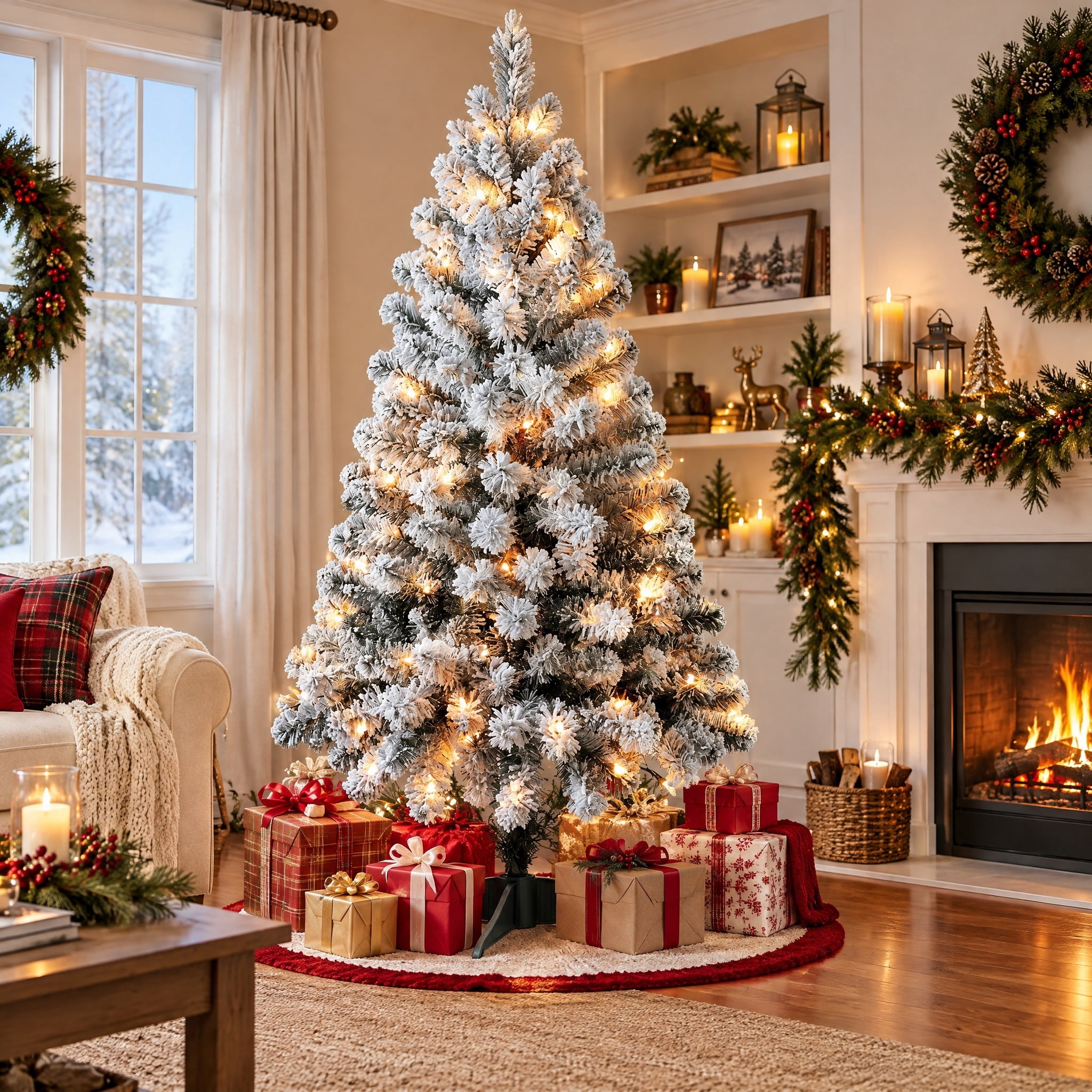 4' Pre-Lit Greenfield Pine Snow-Flocked Green Artificial Christmas Tree with 70 Warm White LED Lights and Stand, by Holiday Time