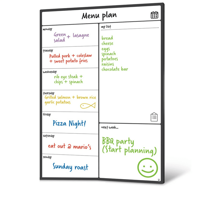 Tableau Blanc Magnétique Calendrier de Frigo Planificateur de Repas et Liste de Magasinage Tableau Blanc avec une Mise en Page Hebdomadaire pour Organiser les Repas, les Listes de Magasinage et les notes. le Tableau Présente une Bordure Noire et un Texte Coloré Écrit à la Main, Répertoriant des Repas comme des Lasagnes, des pizza et du Saumon Grillé. une section de Liste de Magasinage Comprend des Articles comme du Pain, du Fromage et des Épinards. Fait d'Un Matériau Magnétique, Il Mesure 22 x 15 cm et Se Fixe Facilement à un Réfrigérateur.