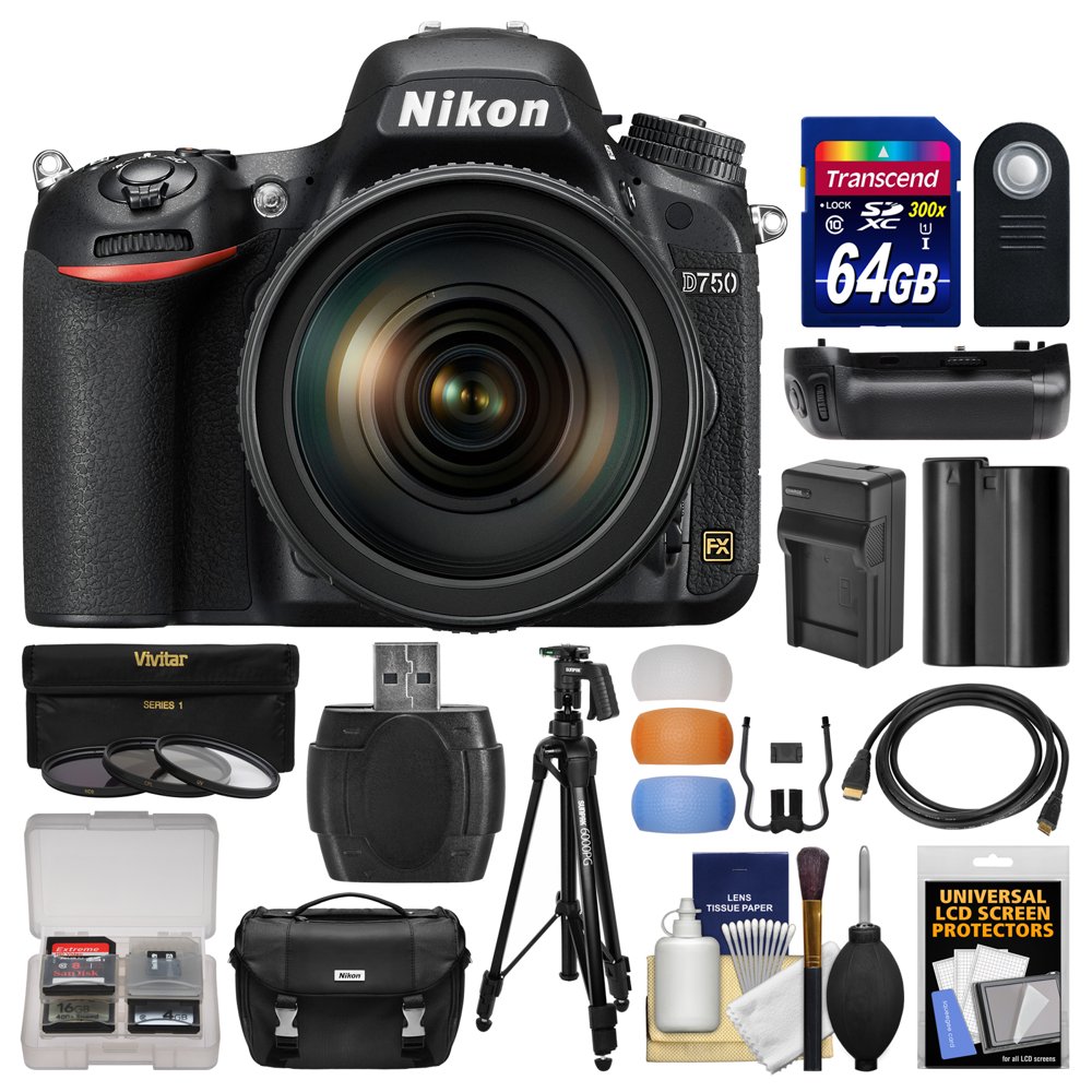 Nikon D750 Digital SLR Camera & 24120mm f/4 VR Lens with 64GB Card + Case + Battery & Charger