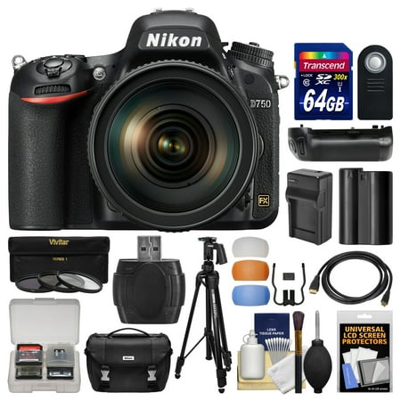 Nikon D750 Digital SLR Camera & 24-120mm f/4 VR Lens with 64GB Card + Case + Battery & Charger + Grip + Tripod + Filters + Kit