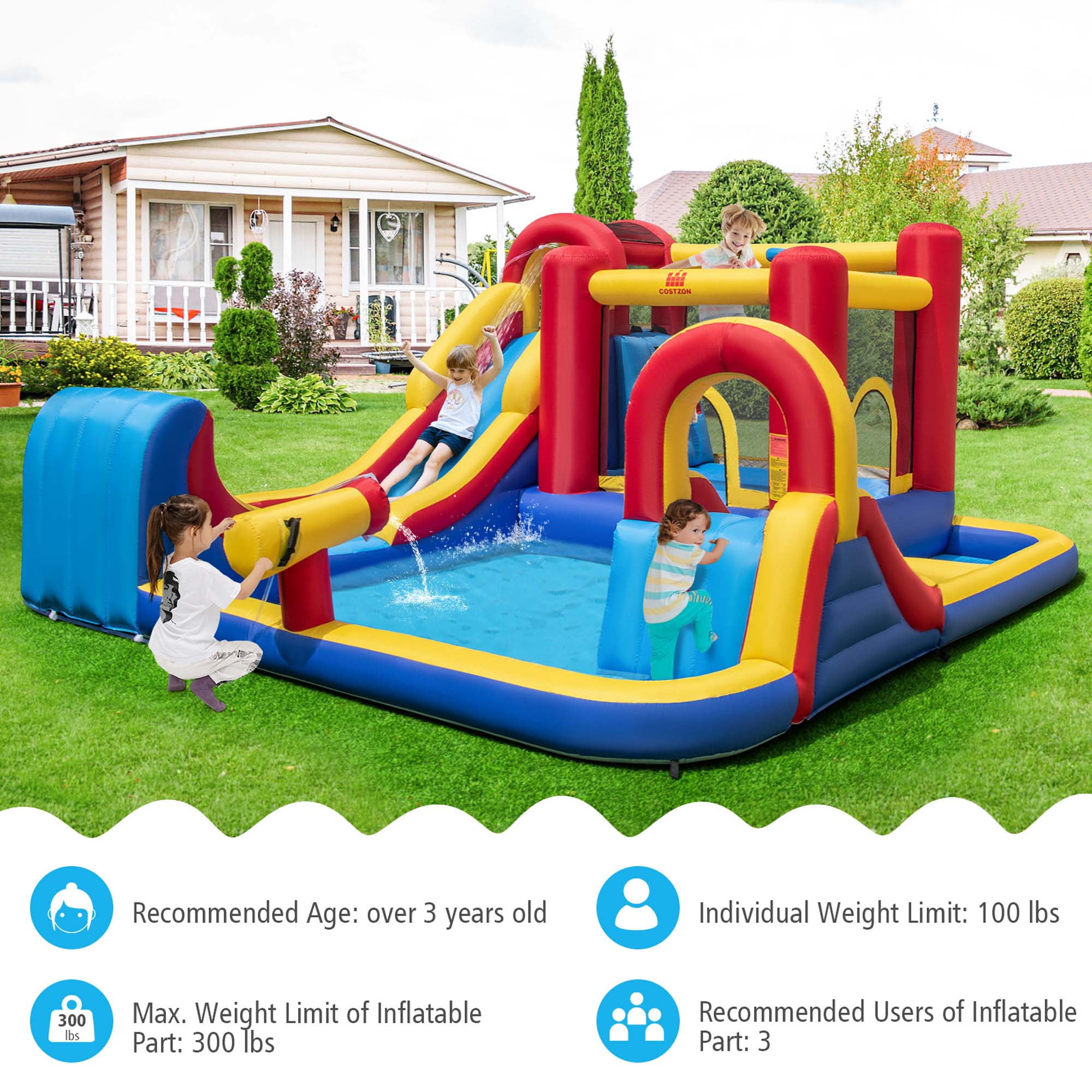 Costway Inflatable Water Slide Giant Kids Splash Pool with Double Slides & 950W Blower