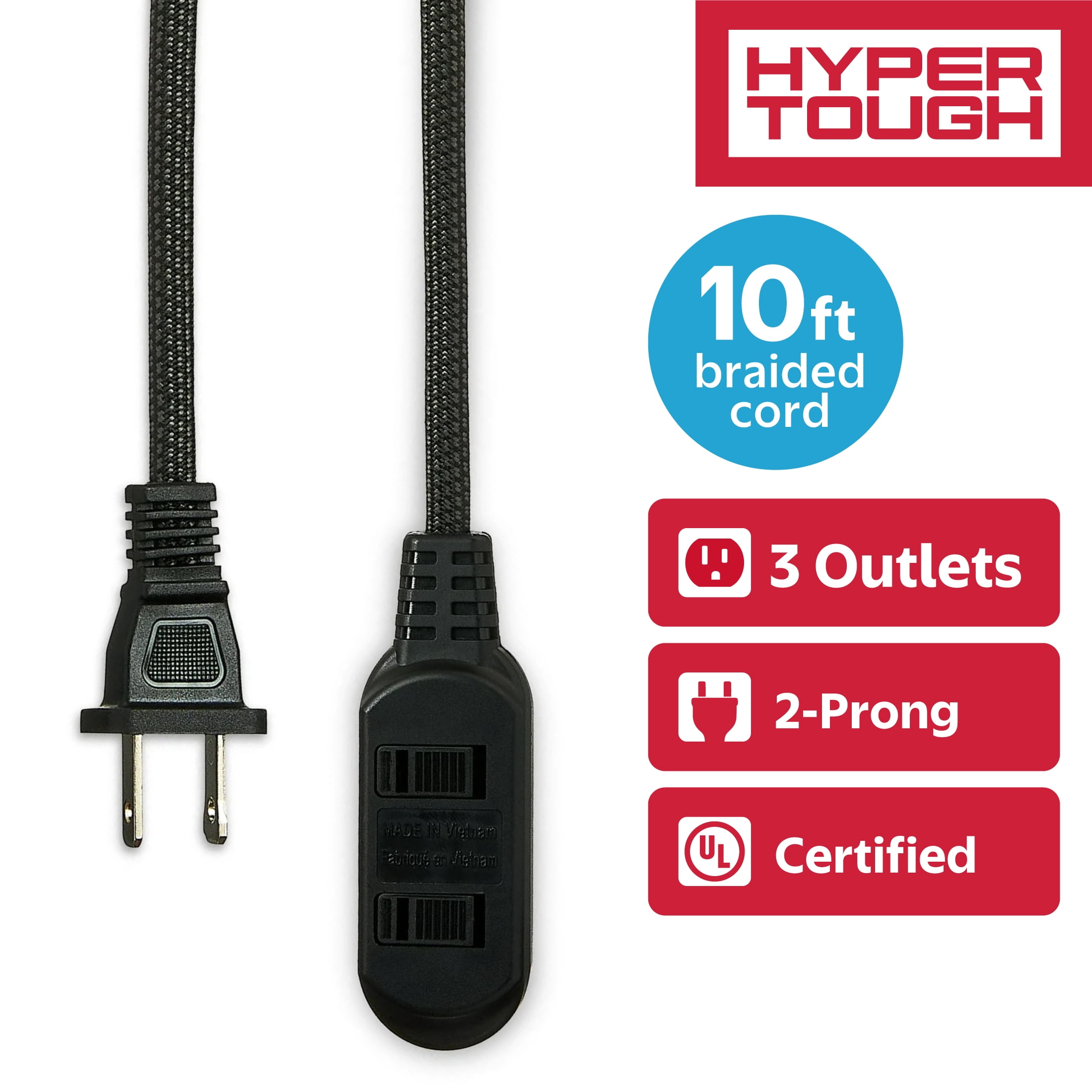 (5 pack) Hyper Tough Indoor Extension Cord 10 ft with 3 Outlets, 2 Prong, Braided Cord, Black