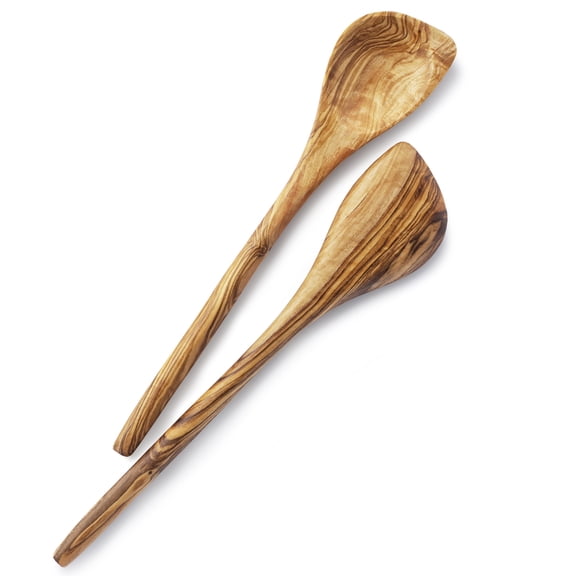 Olive Wood Spoons Set for Cooking - Set of 2 Non-stick & Non Scratch Natural Wood Utensils - Corner