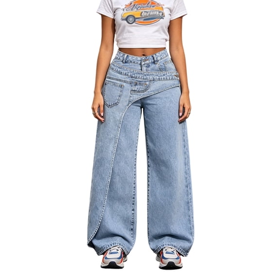 LMLYSoH Women's Wrap Jeans with Pockets Stylish Casual Mid Rise Loose Fit Wide Leg Denim Pants