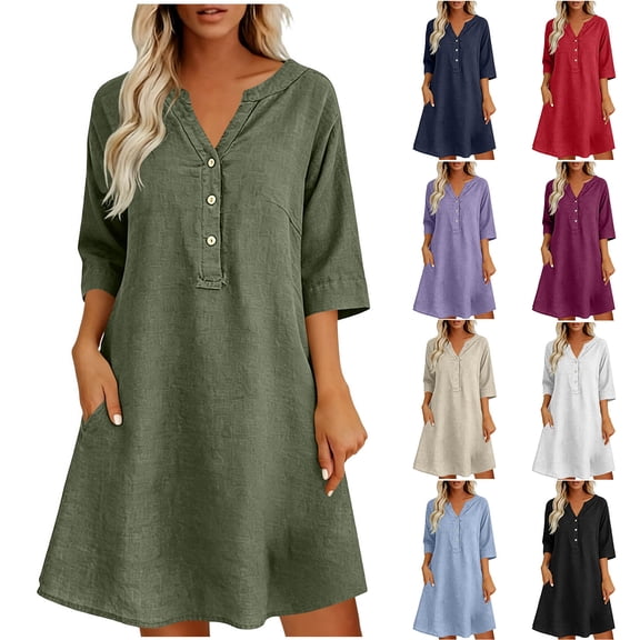 VBVC Women's Cotton Linen V Neck Tunic Dress , Casual 3/4 Sleeve Summer Shift Dress For Women , Ladies' Button Down Mini Dresses with Pockets,Army Green,S-2XL