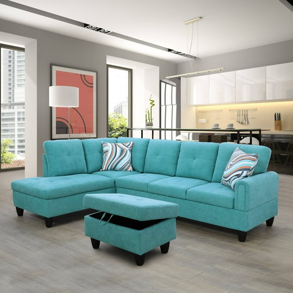Ponliving Furniture Sectional Sofa 3 Pieces L-Shape Sectional Sofa Set Grey White Left Hand Facing