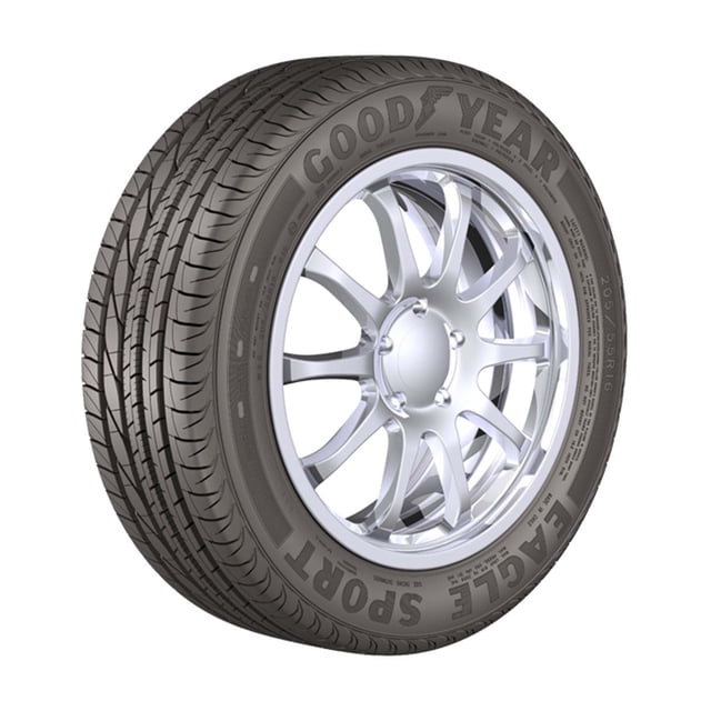 llanta 205/55r16 goodyear eagle sport 91v goodyear eagle sport Neumático 205/55R16 Goodyear Eagle Sport, vista 3/4 frontal mostrando banda de rodamiento asimétrica y flanco con texto GOODYEAR EAGLE SPORT, montada en rin de aleación plateada; especificada para ofrecer excelente agarre en piso seco y mojado y mejor maniobrabilidad.