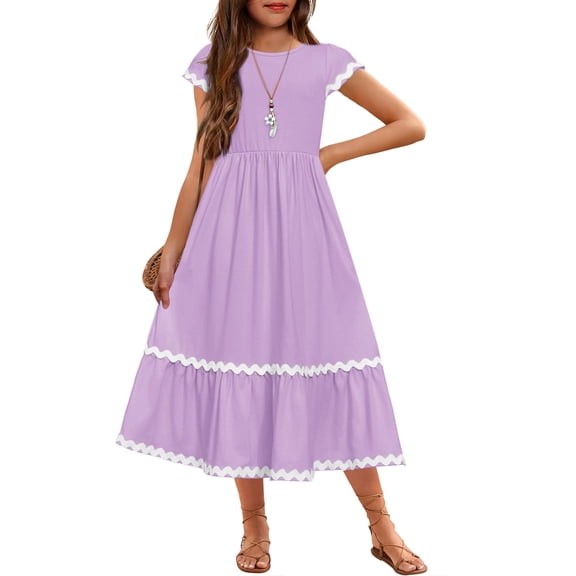 Arshiner Girls Summer Maxi Dresses Short Sleeve Casual Flowy Tiered A-Line Dress with Pockets