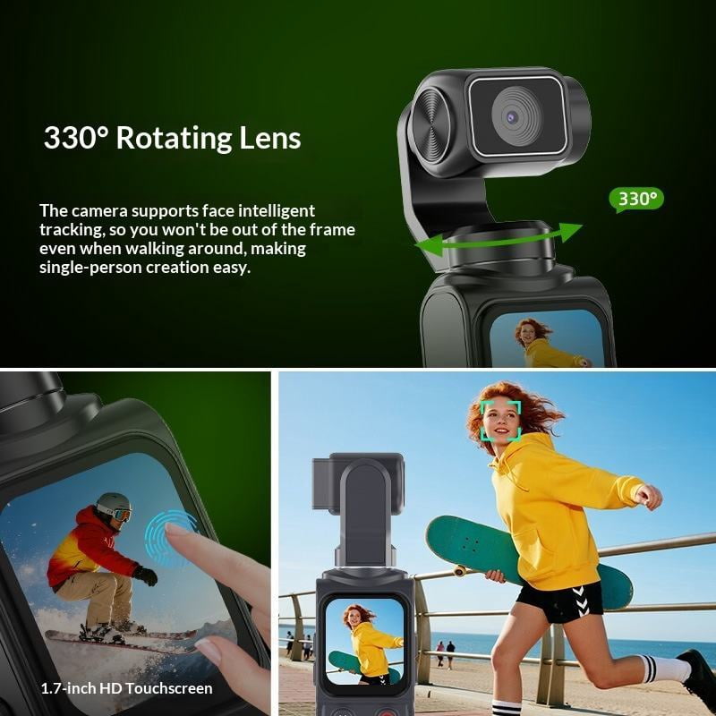 4K Pocket Gimbal Camera Handheld Stabilized Camcorder 64MP 330 ° Auto-Tracking Rotation 1.7-inch Touchscreen for Vlogging