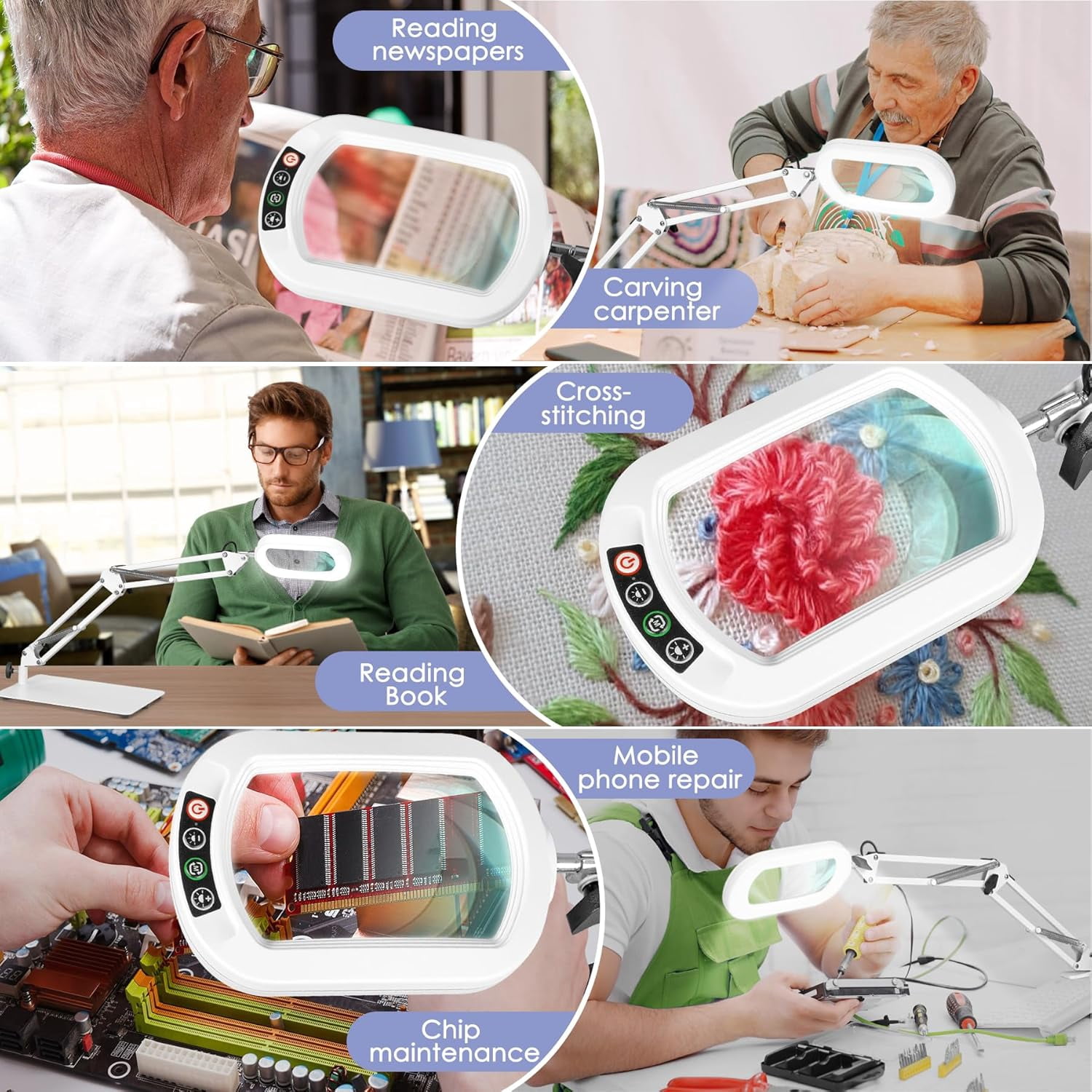 Veemagni Magnifying Glass with Light, Square Real Glass LED Desk Lamp 5 Color Modes Stepless Dimmable Hands-Free Stand & Clamp for Hobby Close Work - White