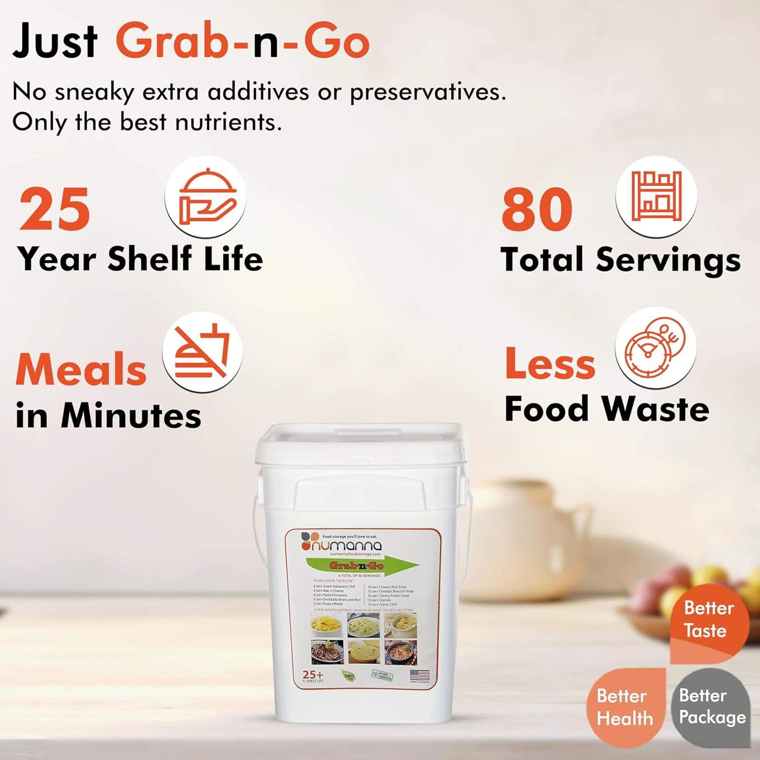 Numanna Grab-n-Go Bucket – 80 Servings of Freeze-Dried Meals | 25+ Year Shelf Life | Ready-to-Eat Emergency Survival Food Kit | Non-Perishable Breakfast & Dinner | Made in USA