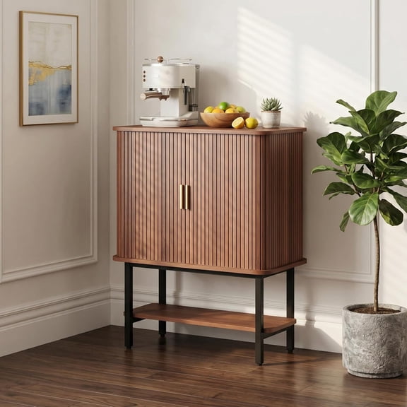 Wine Bar Cabinet With Storage, Fluted Wine Liquor Cabinet With Sliding Doors, Glass Holder And Wine Rack, Small Coffee Bar Cabinet, Buffet Sideboard For Kitchen, Dining Room, Living Room