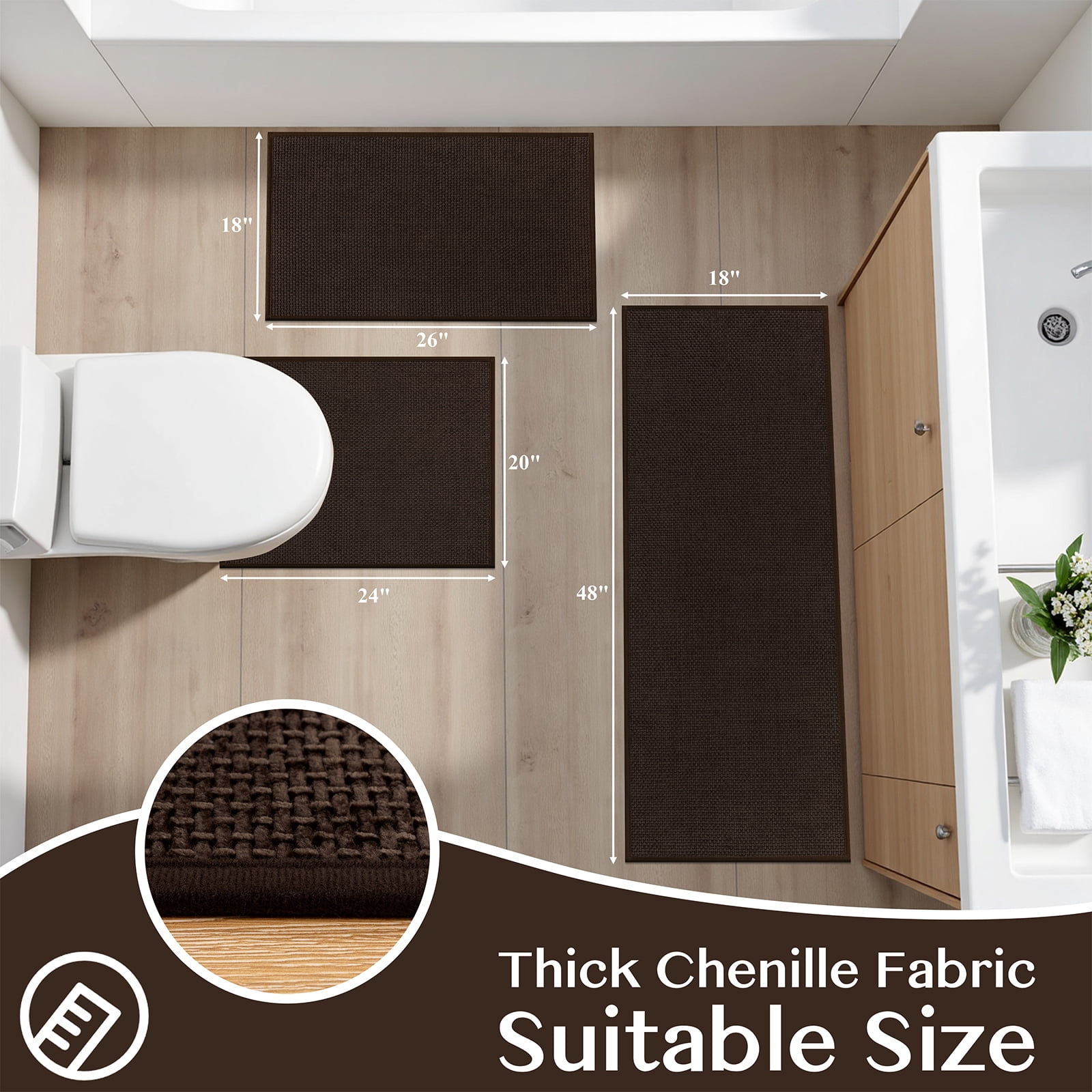 Ileading 3pcs Bathroom Rugs Set with U-Shaped Mat, Non Slip, Soft, Absorbent Bath Mats for Tub, Shower, Toilet 18"x26"+18"x48"+U Shape 20"x24" Brown