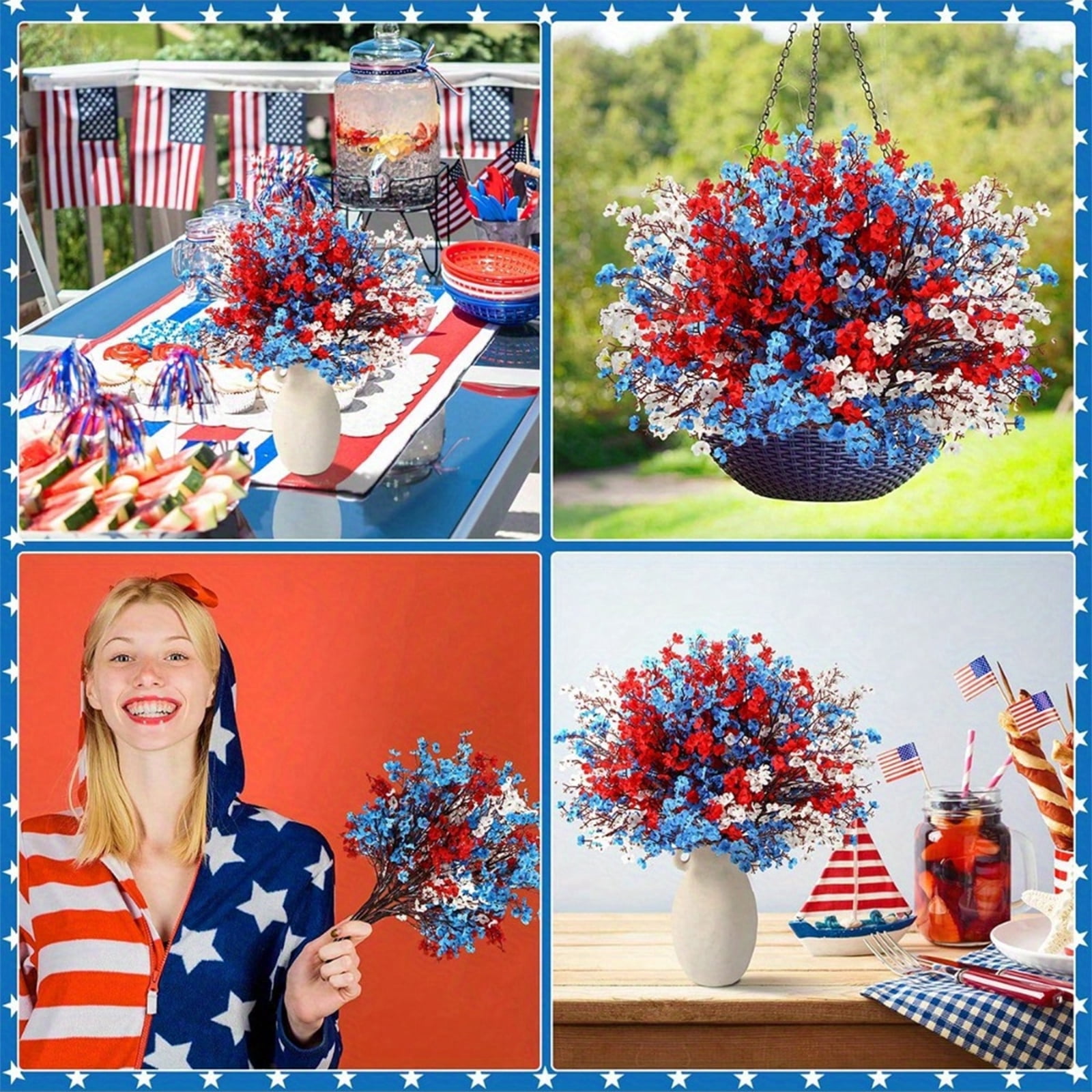 Red WhiteandBlue Decorations, Blue Silk Flowers, 18inStems, Artificial Flower Bouquet, Patriotic Decorations, 4ThofJuly Decorations, BlueandWhite Decor, 15 Stems, 1 Pc