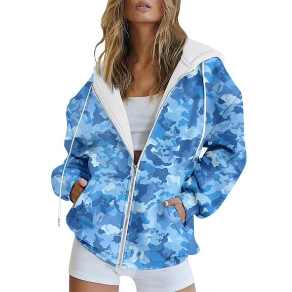 NMMUED Zip Up Hoodie Women, Graphic Hoodies, Y2k Hoodie, Fall Spring Track Jackets with Pockets, Hooded Sweatshirts for Women, Blue L