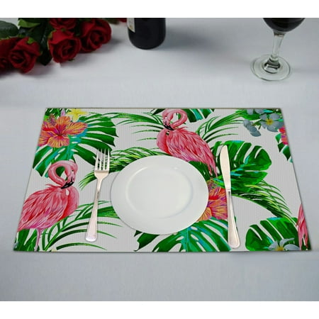 ECZJNT floral flowers palm leaves jungle plants hibiscus bird flamingos Placemat Table Mat Cup Mat 12x18 inch,Set of (Best Place To Plant Hibiscus)