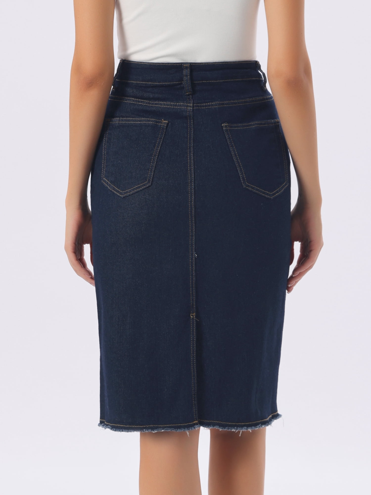 DARING DIVA Women's Back Slit Raw Hem Stretch High Waist Denim Skirt L Navy Blue