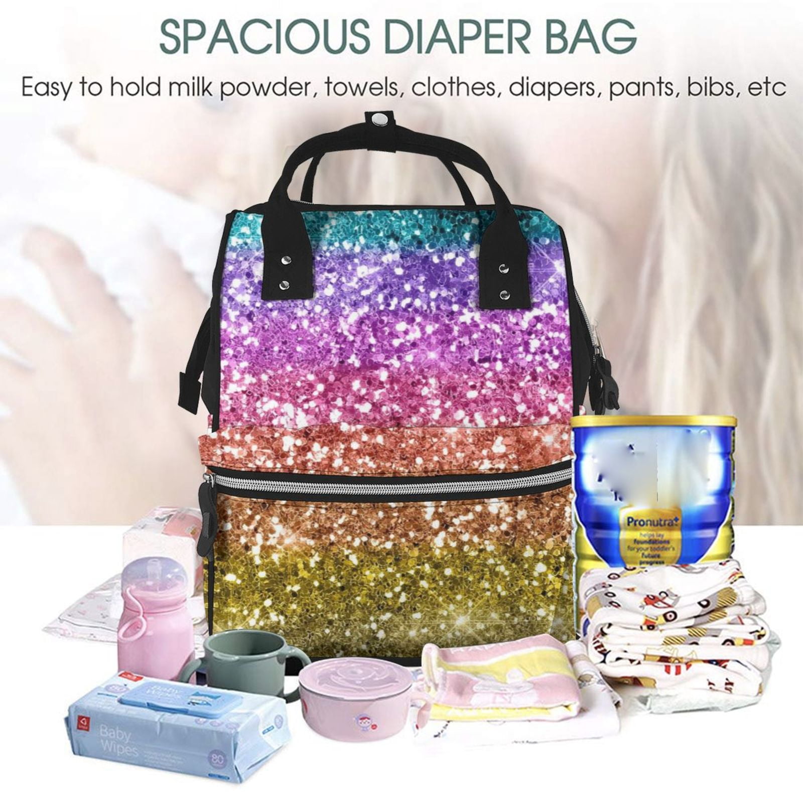 Ratiio Glitter Rainbow Mummy Backpack - Waterproof Twill Canvas, Large Capacity Diaper Bag with Multiple Pockets and Adjustable Straps