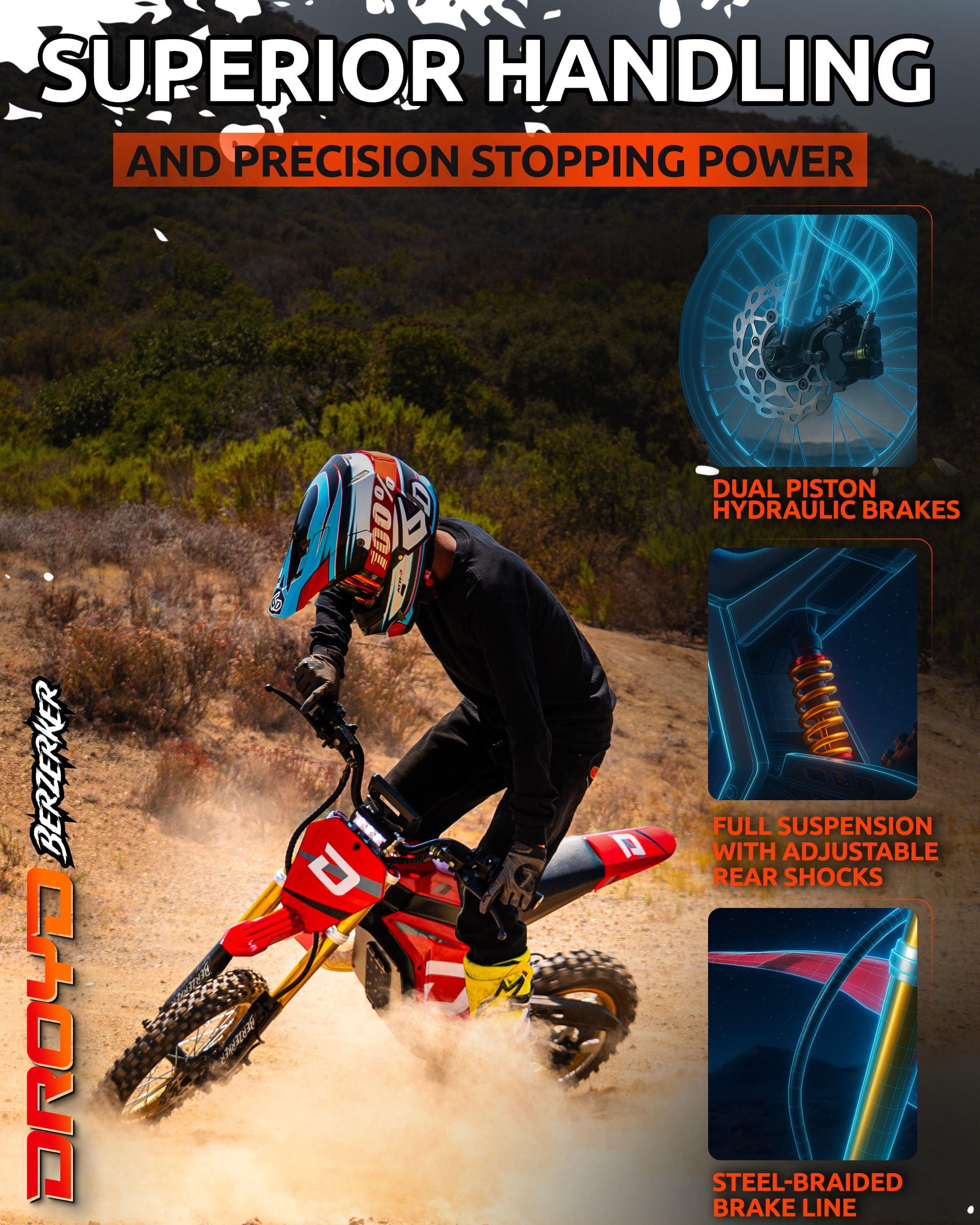 Droyd Berzerker Electric Dirt Bike for Kids 13+, Teens & Adults – 3000W Peak Motor, 48V 30Ah LFP Battery, 42 MPH Max Speed, 50 Mile Range, Hydraulic Brakes, Adjustable Suspension, Off-Road