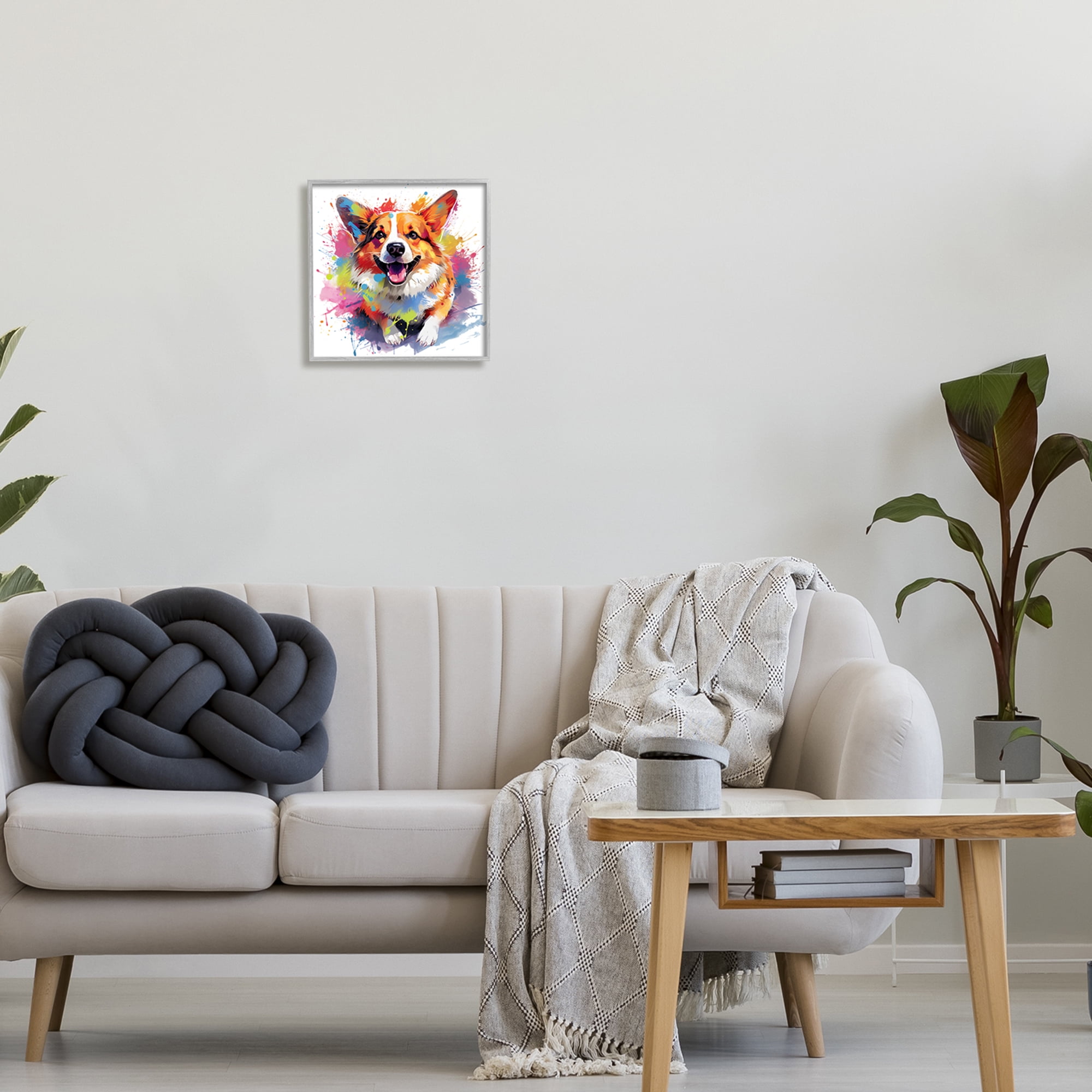 Stupell Industries Happy Corgi Modern Splatter Animals & Insects Painting Gray Framed Art Print Wall Art, 12 x 12