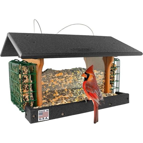 Amish-Made Poly Hanging Large Hopper Bird Feeder with Two Suet Cake Holder Cages, Durable Long Lasting - Amish American Made in USA